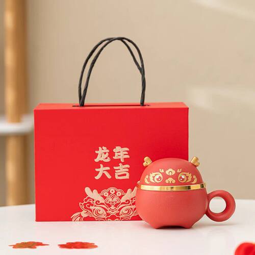 龙年大吉卡通陶瓷茶水分离泡茶杯公室带盖过滤喝水杯子礼盒马克