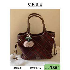 CR女包彩格诗社托特包秋冬复古呢格纹大容量包包女通勤手提单肩包