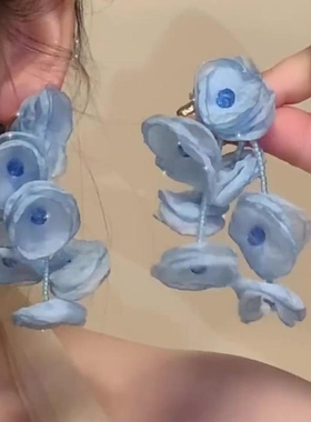蓝色花朵耳环纱布甜美珍珠女