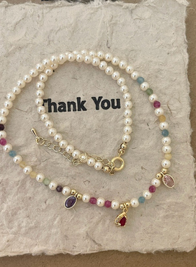 红宝石项链珍珠锁骨链女水晶