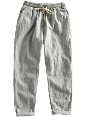 Simple casual mens linen pants with drawstrings loose and