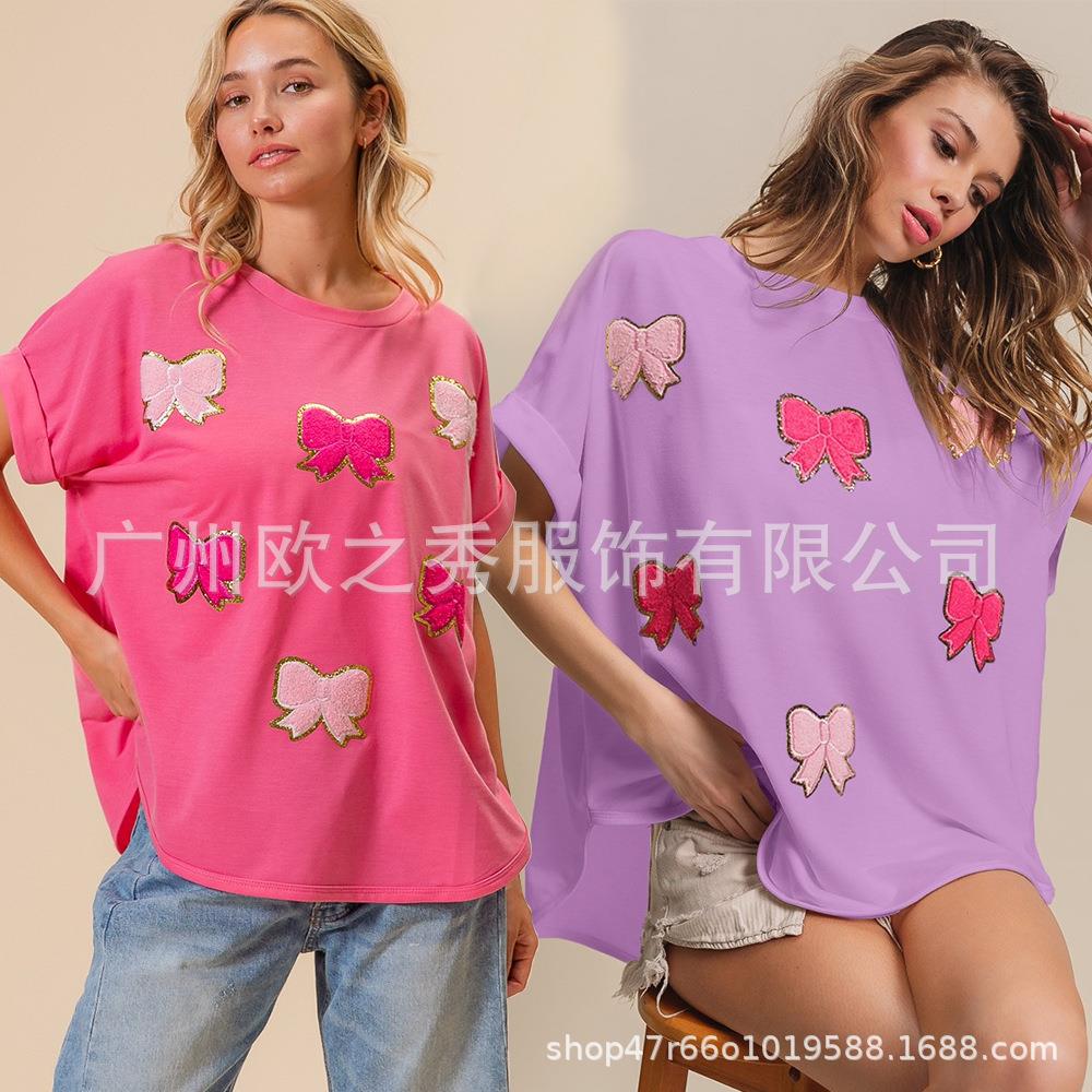 Knitted T-shirt Short Sleeve Bow Sequin Embroidery Top