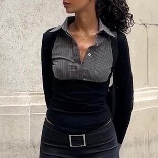 ladies print official stripe fashion patchwork shirts