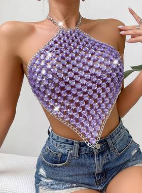 Top Neck Halter Chain Bandeau Stitching Sexy Vest Gem