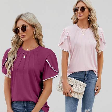 Top Womens Ruffled Sleeve Petal Pearl Pull-On Neck Round