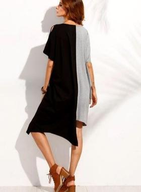 Fashionable colorblocked irregular round short sleeve dress
