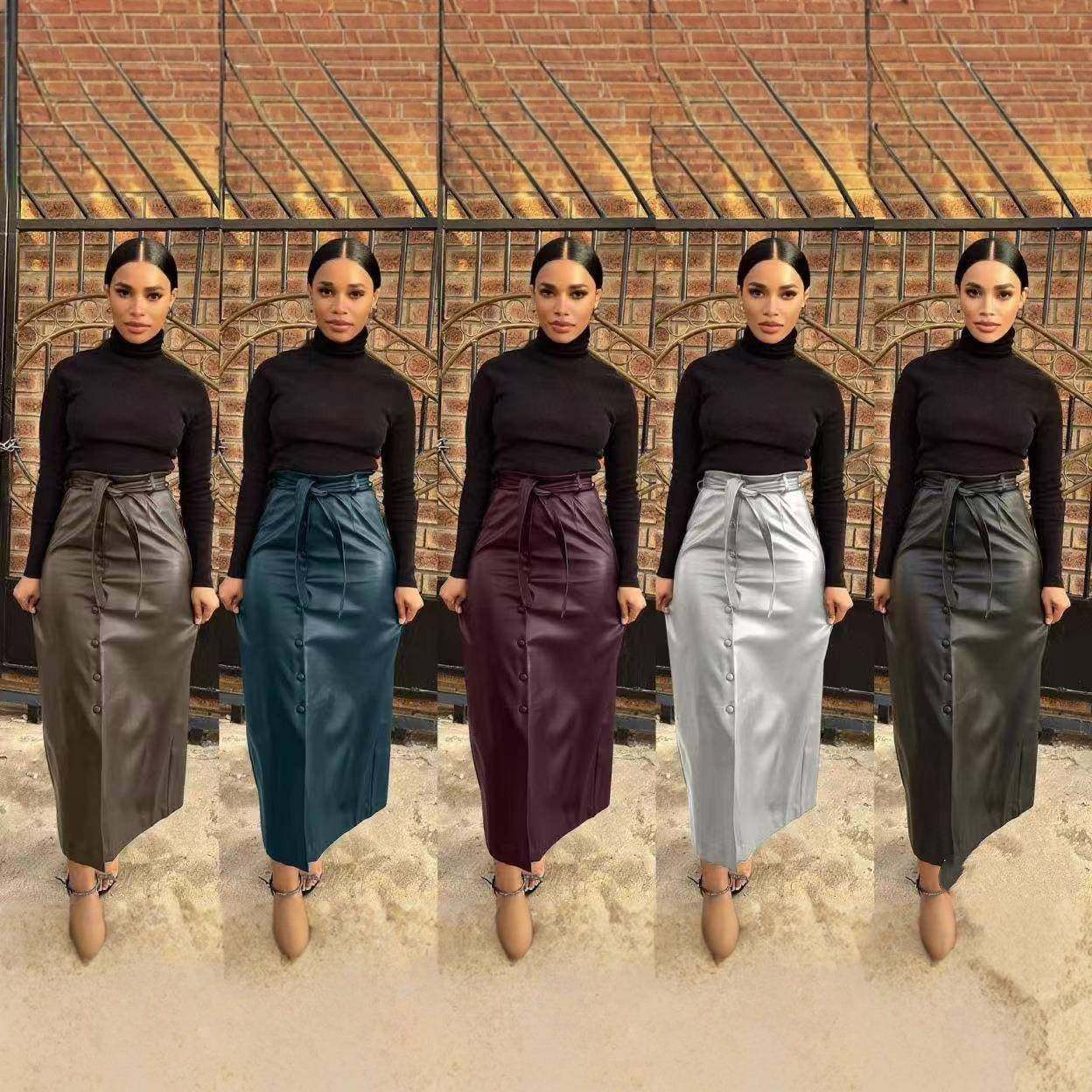 Womens black buckle mid-length slits skirt with and leather