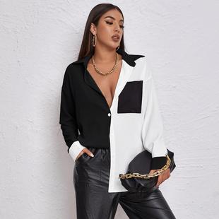top sexy chiffon sleeve pocket color Contrast long