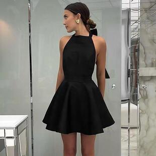 Sexy black high waist sleeveless halter neck dress fashion