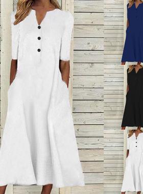 Dress Midi Flowy Party Dress Floral Sleeve Short Button-Up