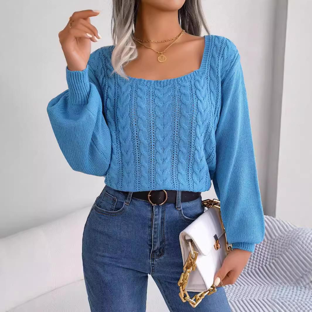 INS style casual square neck twist lantern sleeve pullover