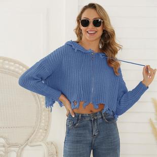 hooded knitted belly exposing sweater women loose