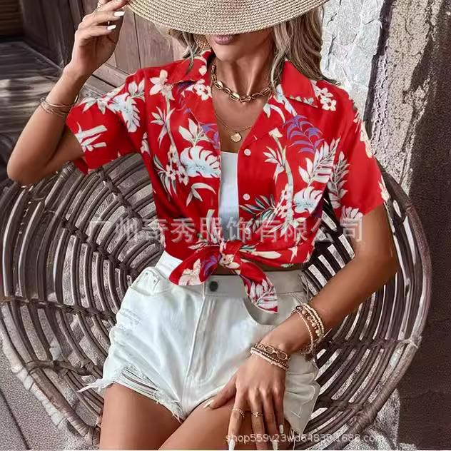 Womens Hawaiian Shirt Tropical Floral Shirt Button V Neck