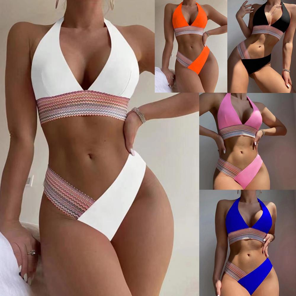 Halter Neck Deep V Neck Womens Bikini Sexy Briefs Swimsuit