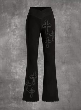 trousers pants flared slim high waist cross lace elastic