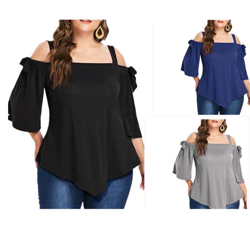 Plus Mid-sleeve Tie Off-the-shoulder Bow Irregular Womens