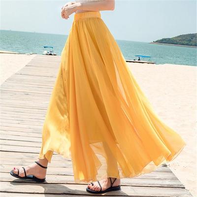 Solid color long skirt beach waist chiffon holiday elastic