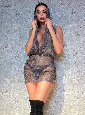 Dress Fishnet Rhinestone Halter Neck Dress Sexy Hottie