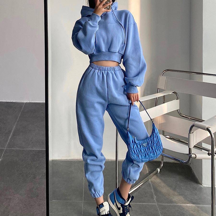 set sweatpants cuff loose waist high sweatshirt pocket