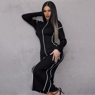 stitching contrast color dress slim turtleneck Half striped