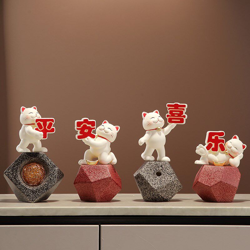 平安喜乐招财猫摆件客厅入户玄关酒柜电视柜装饰品乔迁新居礼物