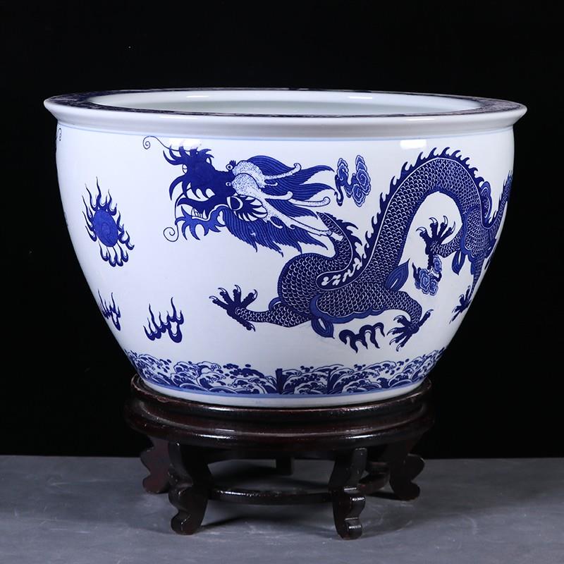 景德镇陶瓷青花龙纹鱼缸客厅睡莲荷花盆庭院室外特大号养乌龟水缸