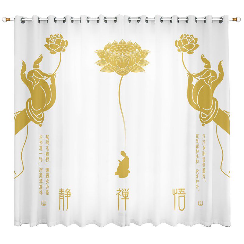 新中式水墨荷花窗帘佛系禅意书房窗纱卧室客厅中国风古山水画纱帘