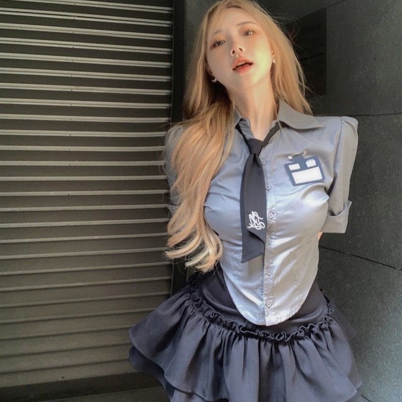 学院风jk制服美式套装短袖衬衫女夏小个子蓬蓬裙半身裙辣妹两件套
