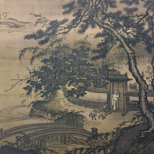 戴进 春游晚归图 复古山水人物立轴国画 微喷仿古复制装饰画