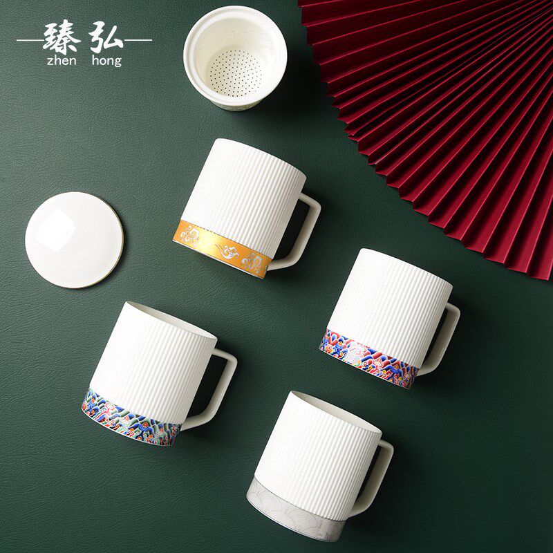 羊脂玉白瓷办公室水杯茶水分离杯茶杯个人专用马克杯陶瓷恒温杯子