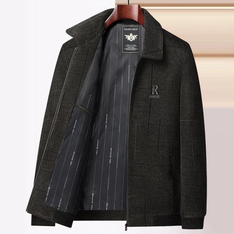 中老年男装春秋外套新款中年爸爸男士高档雪尼尔毛呢休闲翻领夹克
