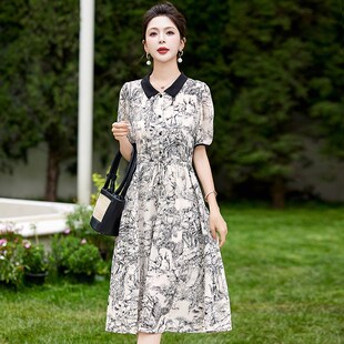 Polo小翻领连衣裙女夏季 裙子 2024新款 小个子收腰显瘦水墨碎花衬衫