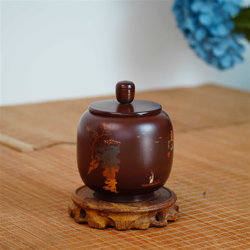茶叶罐紫陶原矿陶瓷彩填柴烧全手工紫砂粗陶迷你密封罐小号醒茶罐