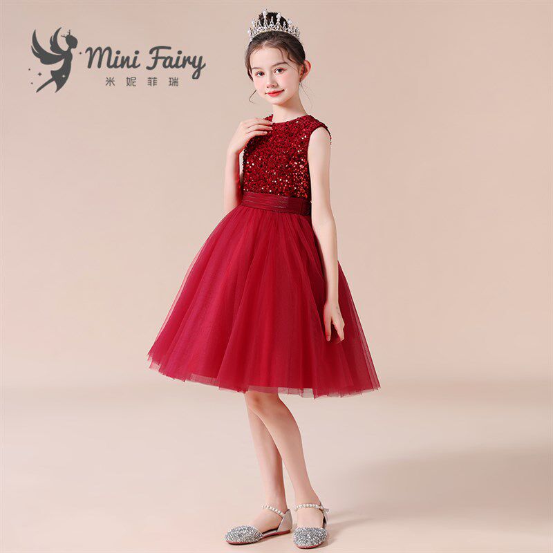 小仙女儿童礼服酒红亮片短裙钢琴演出小提琴演奏服主持人表演比赛
