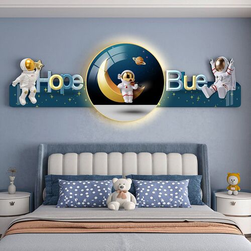 男童房间装饰画宇航员太空男孩卧室床头挂画儿童房led氛围灯壁画