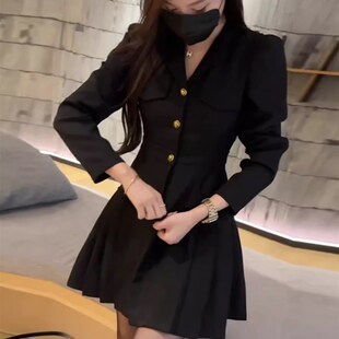 法式 气质A字裙子6541 连衣裙V领显瘦修身