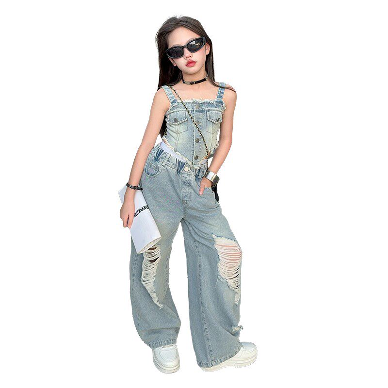 女童2024夏季复古牛仔套装港味吊带背心破洞阔腿长裤两件套中大童