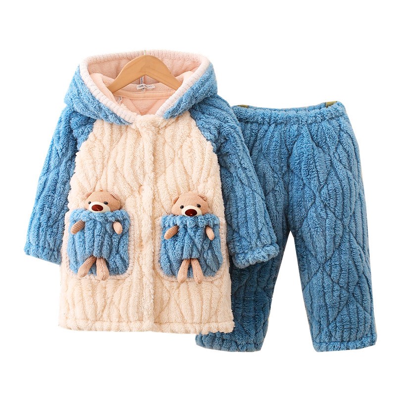 冬季儿童睡衣男女童三层夹棉珊瑚绒家居服加厚保暖冬款家居服套装