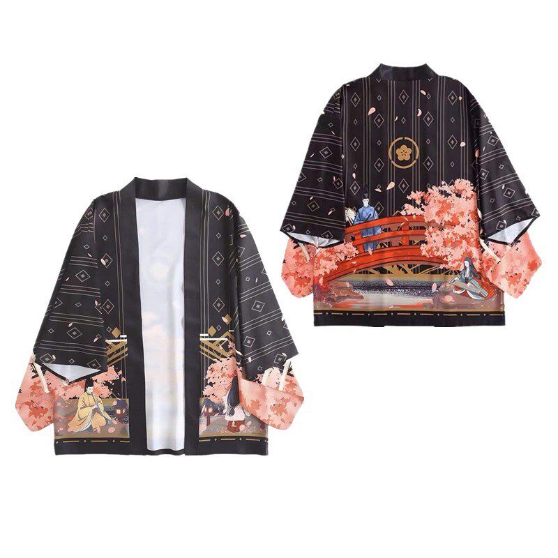 夏季新品 国风休闲元素七分袖情侣宽松原宿和服外套羽织披风开衫