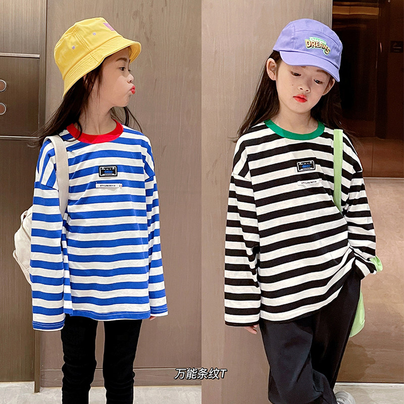 女童长袖T恤秋装2023新款中大童春秋宽松休闲纯棉条纹内搭衣上衣