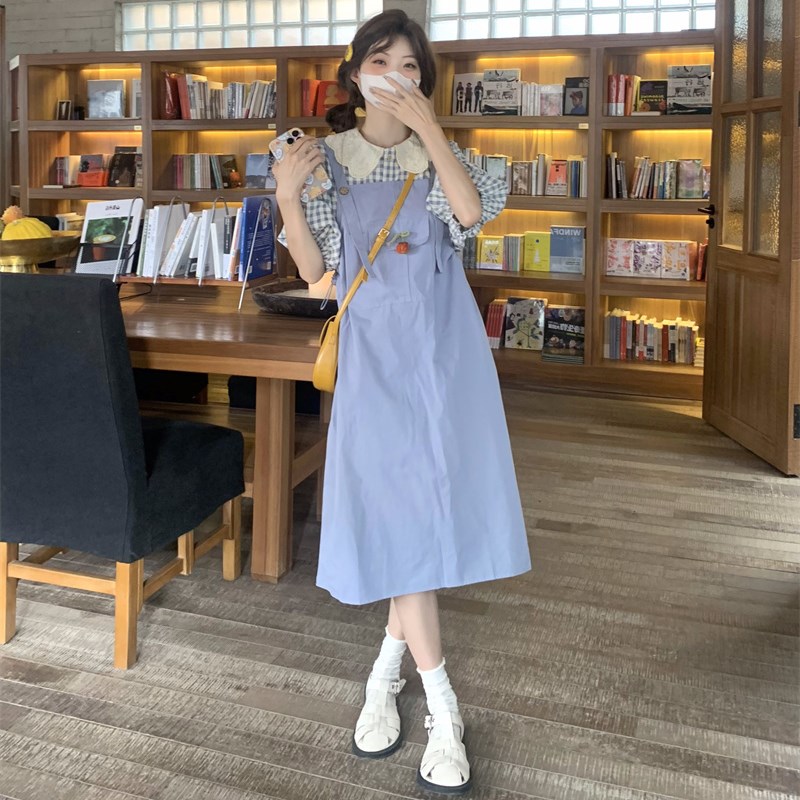 大码女装2024夏季胖mm复古格子娃娃领衬衣+设计感抽绳背带裙套装