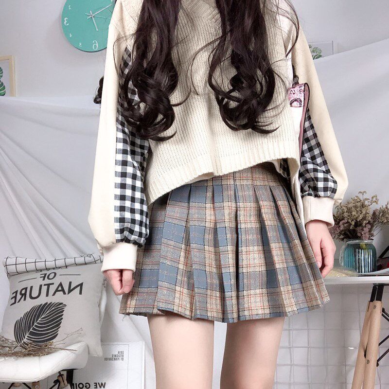学院风格子百褶裙半身裙女春夏胖mm大码a字裙复古显瘦百搭短裙子