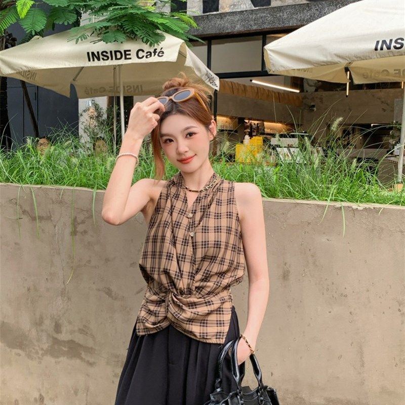 格纹露肩扭结挂脖无袖背心上衣女夏季高腰西装休闲阔腿裤两件套潮,女装/女士精品,时尚套装,淘宝优惠券,粉丝福利购,淘宝优惠卷