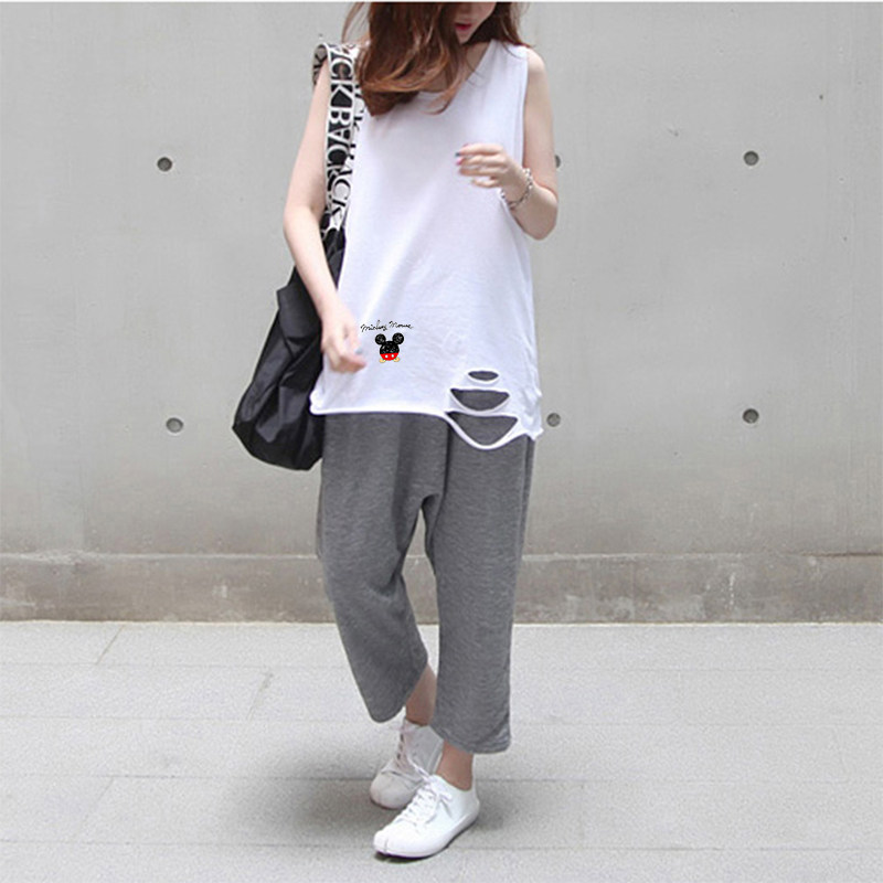 加肥破洞白色背心女打底大码宽松胖mm休闲内搭遮肚子无袖上衣吊带