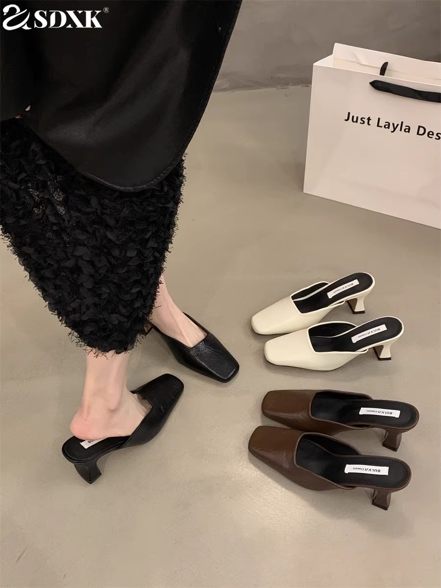 SDXK气质高跟包头半拖鞋外穿女鞋子2025年春秋新款粗跟浅口单鞋