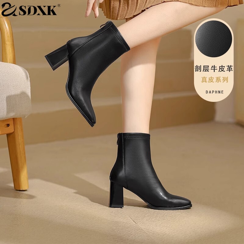 SDXK真皮高跟短靴马丁靴女2025秋季女鞋靴子女法式黑色妈妈鞋女