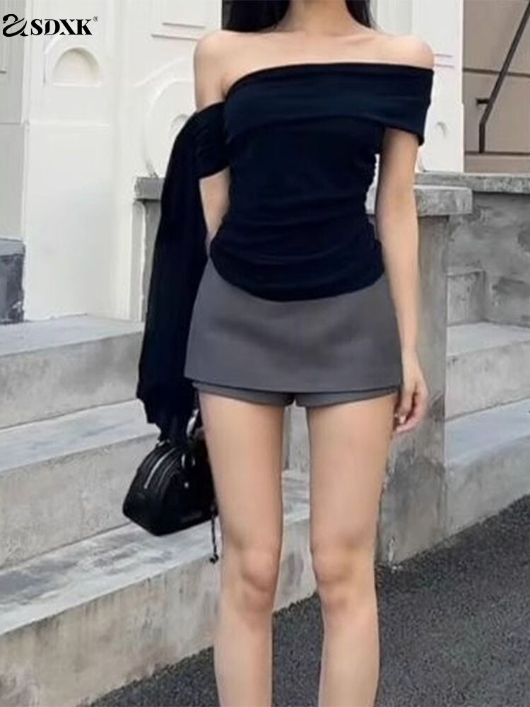 SDXK韩系时尚假两件西装半身裙女春秋新款覆古百搭侧拉炼包臀裤裙