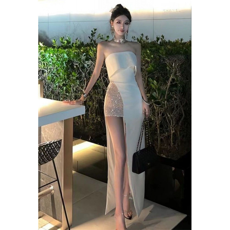 白色抹胸连衣裙法式名媛气质高腰开叉订婚礼服长裙宴会生日小礼