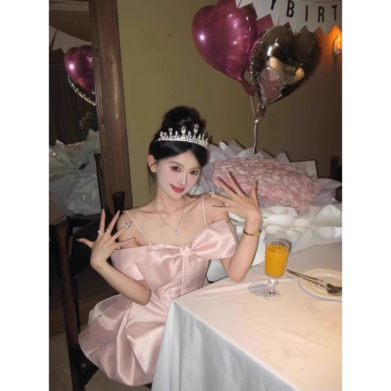 公主裙生日party小礼服高端轻奢小众独特超好看粉色吊带a字