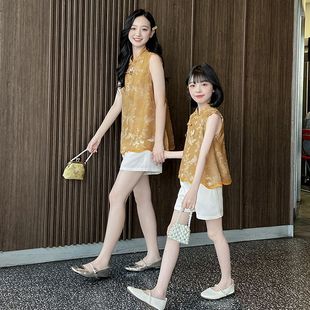 2025新款 套裝 母女裝 女童中國風(fēng)提花漢服上衣短褲 夏季 親子裝